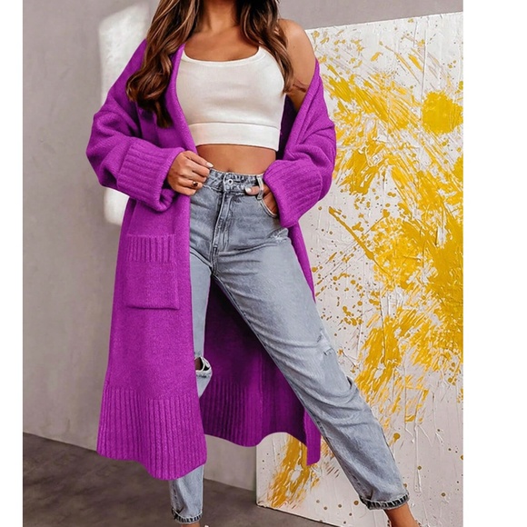 Solid Cuff Sleeve Open Front Loose Fit Cardigan - Picture 5 of 10